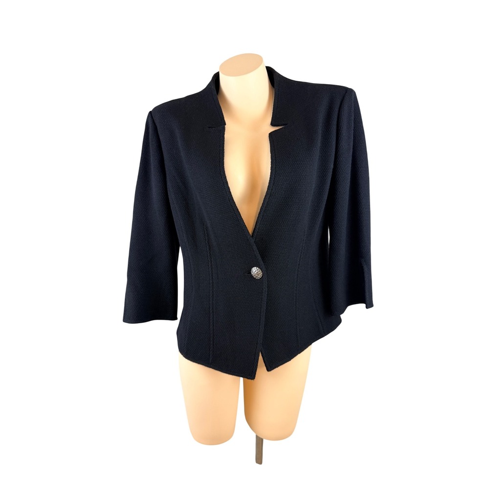 St John Black Wool Knit Single Button Blazer Jacket Size 12